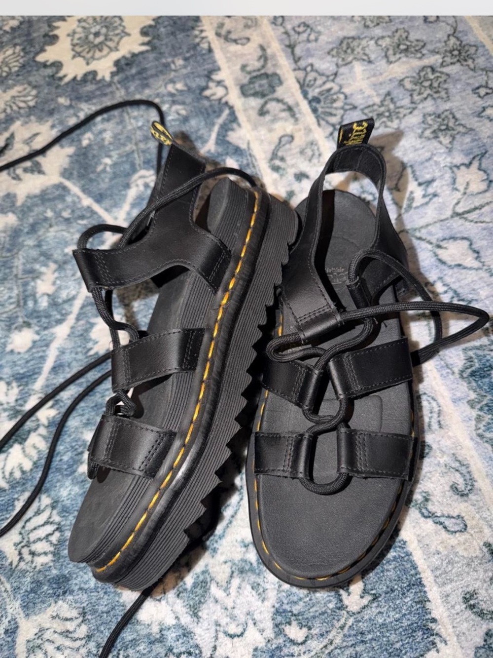 Dr. Martens Black Platform Fisherman Sandals with Yellow Stitching